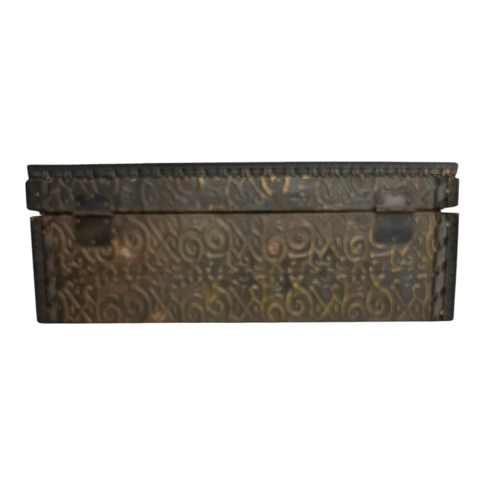 Metal & Wood Embossed Treasure Storage Box Chest Boho Lined w/ Latch 10